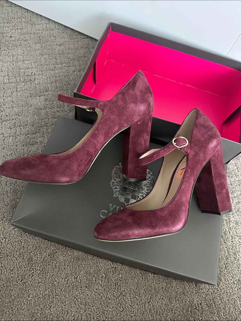 Vince Camuto Burgundy Kidsuede Mary Jane Block Heel Pumps